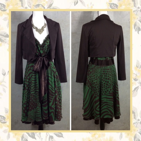 🍒 2PC ANIMAL PRINT MIDI CHIFFON DRESS COAT BLAZER BUNDLE SET RUFFLE FLARE - Picture 2 of 7